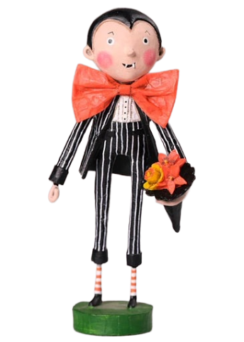 Whimsical Date Night Dracula figurine by Lori Mitchell—a charming vampire in pinstripe suit with oversized bow tie and flowers
