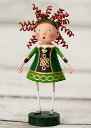 Hand‑painted Celtic Katie figurine by Lori Mitchell, showcasing a cheerful girl in emerald green Celtic-patterned costume
