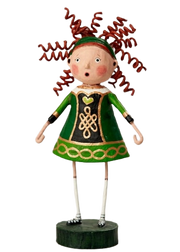 Hand‑painted Celtic Katie figurine by Lori Mitchell, showcasing a cheerful girl in emerald green Celtic-patterned costume.  