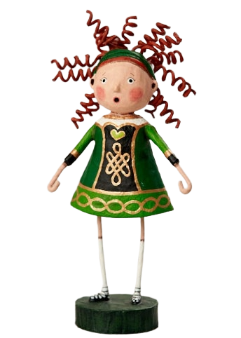 Hand‑painted Celtic Katie figurine by Lori Mitchell, showcasing a cheerful girl in emerald green Celtic-patterned costume.  