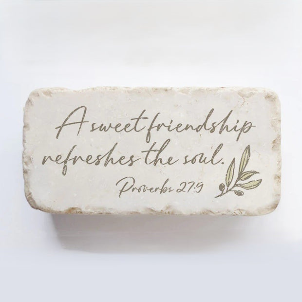 Proverbs 27:9 friendship scripture stone, heart-shaped inspirational décor gift, cast stone keepsake with sweet friendship verse