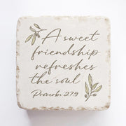Proverbs 27:9 friendship scripture stone, heart-shaped inspirational décor gift, cast stone keepsake with sweet friendship verse