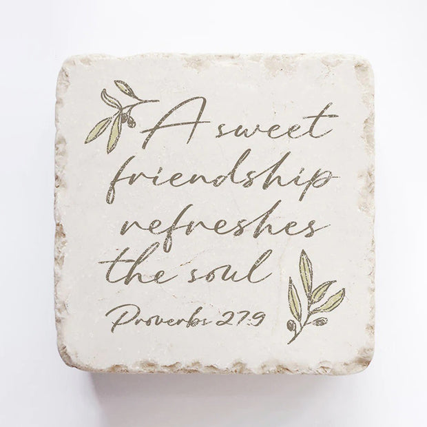 Proverbs 27:9 friendship scripture stone, heart-shaped inspirational décor gift, cast stone keepsake with sweet friendship verse