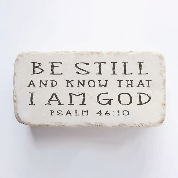 Psalm 46:10 scripture stone, rustic cast-stone décor block engraved with “Be still and know that I am God,” Christian home accent