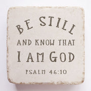 Psalm 46:10 scripture stone, rustic cast-stone décor block engraved with “Be still and know that I am God,” Christian home accent