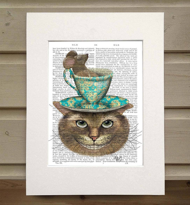 Cheshire Cat with Cup on Head, Book Print / Art Print