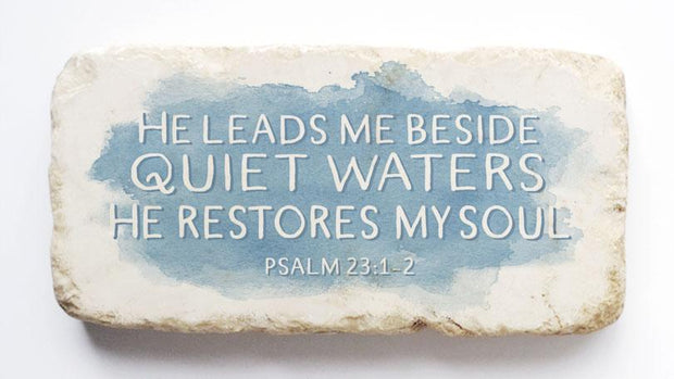 Psalm 23:2-3 Scripture Stone with Blue Background
