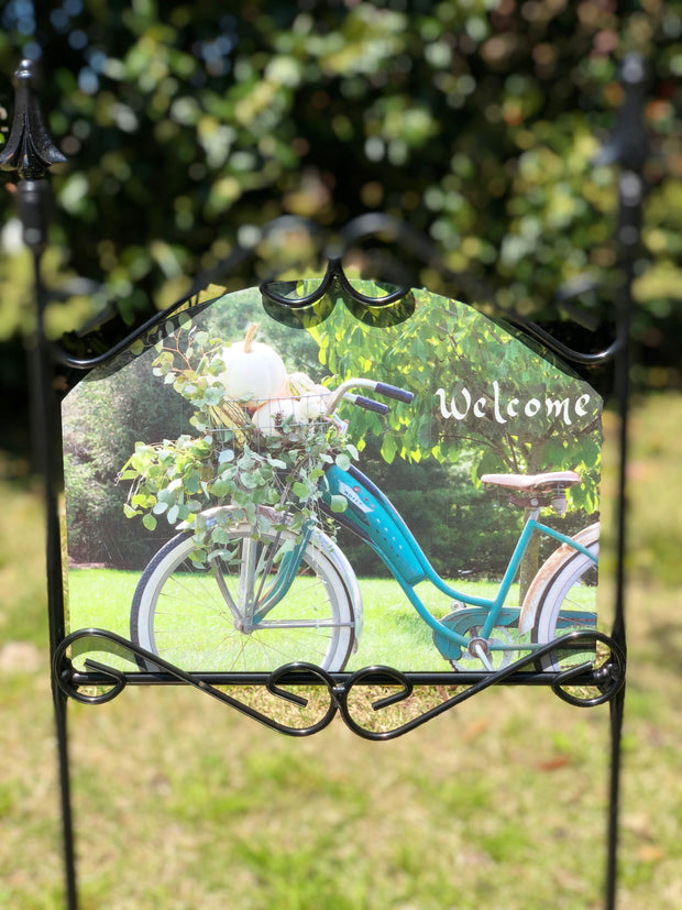 Heritage Gallery White Pumpkins Bicycle Garden Sign