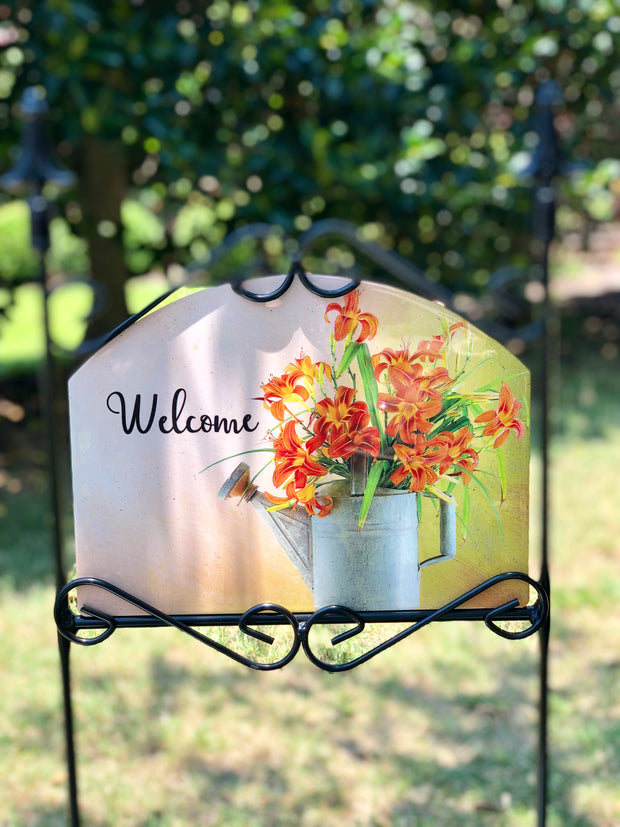 Heritage Gallery Lilies in Sprinkling Can Welcome Garden Sign