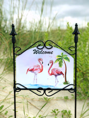 Heritage Gallery Flamingoes Welcome Garden Sign