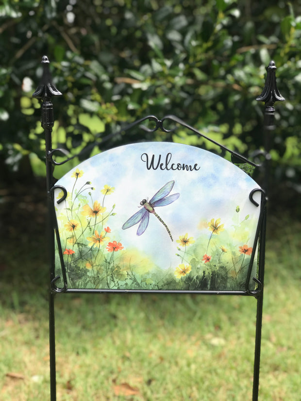 Dragonfly Yellow Flowers Welcome Garden Sign