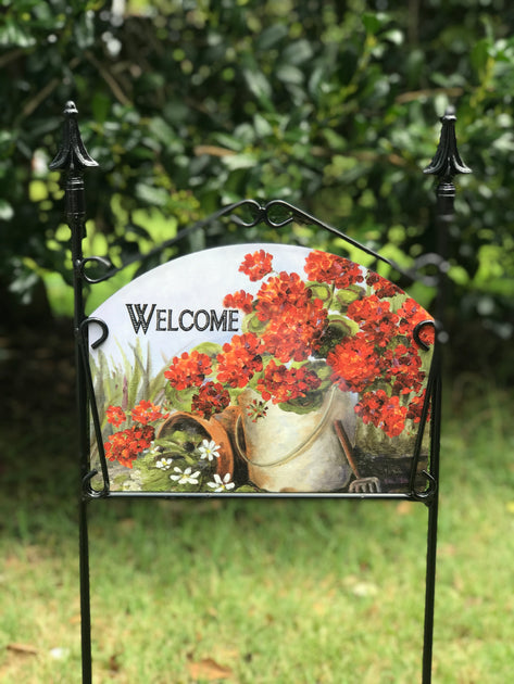 Geranium Pail Welcome Garden Sign – Cattail Cottage