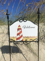 Heritage Gallery Red & White Lighthouse Welcome Garden Sign