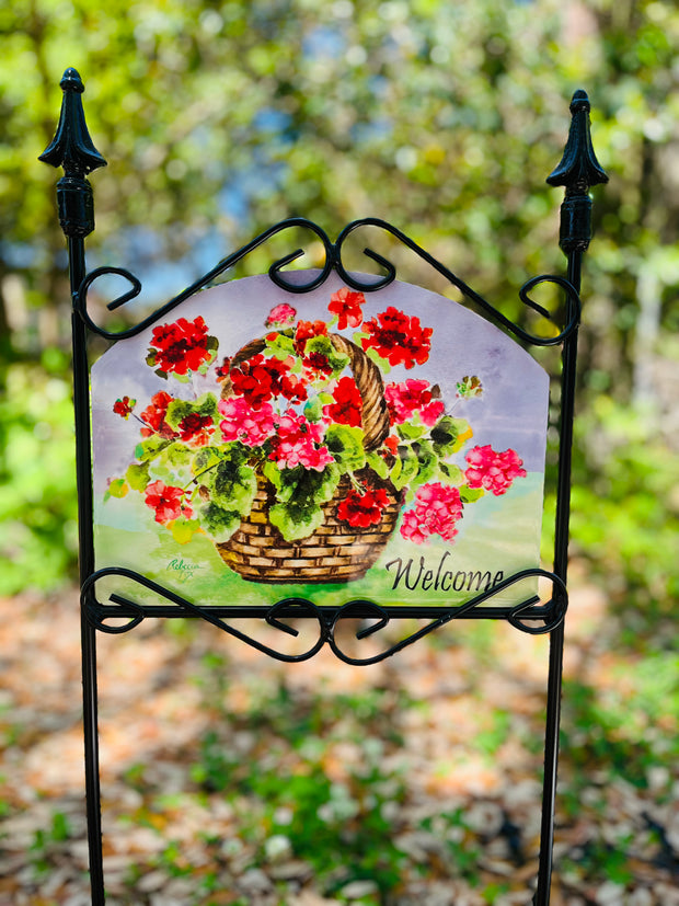 Geranium Basket Welcome Garden Sign – Cattail Cottage